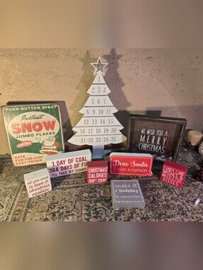 Lot Of 9 Christmas Signage Decor Wood Wall Decor & Countdown Calendar Rustic